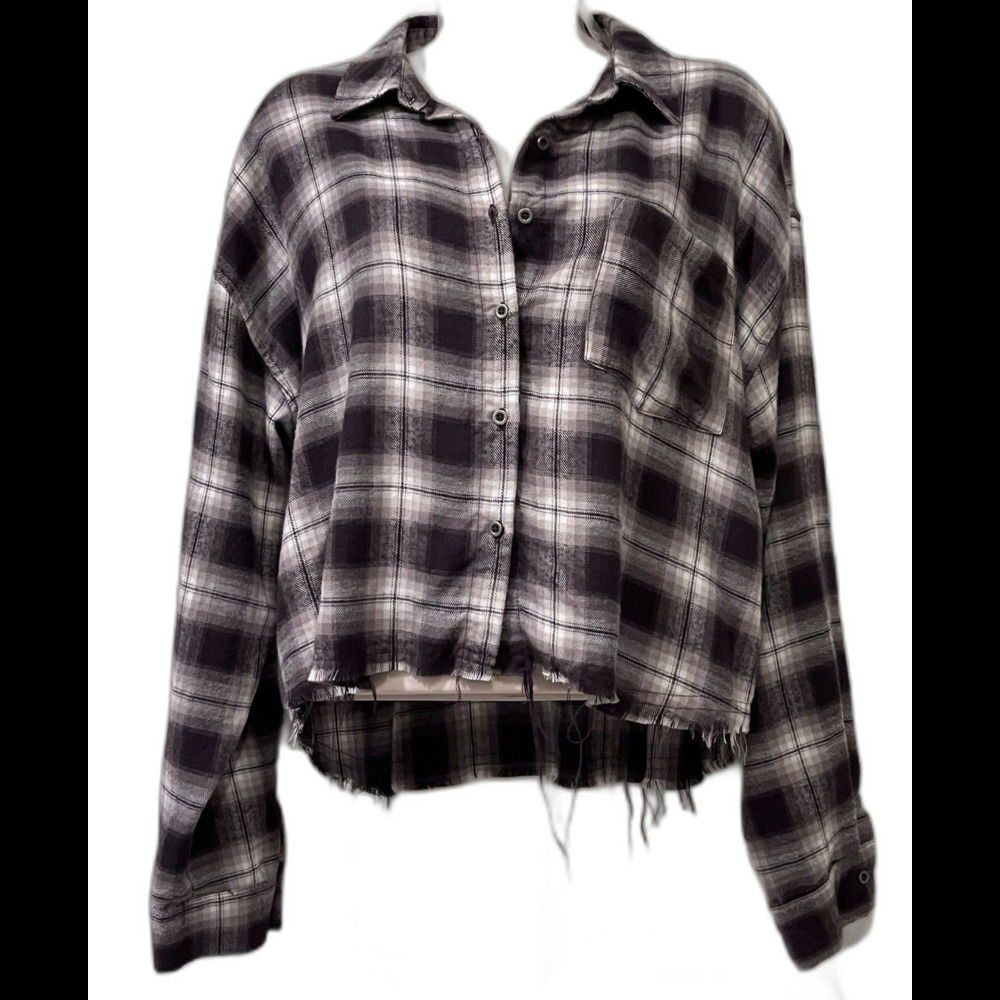 NWT Hippie Rose Cropped Plaid Distressed Flannel Shirt Womens M Brown Grunge Y2K